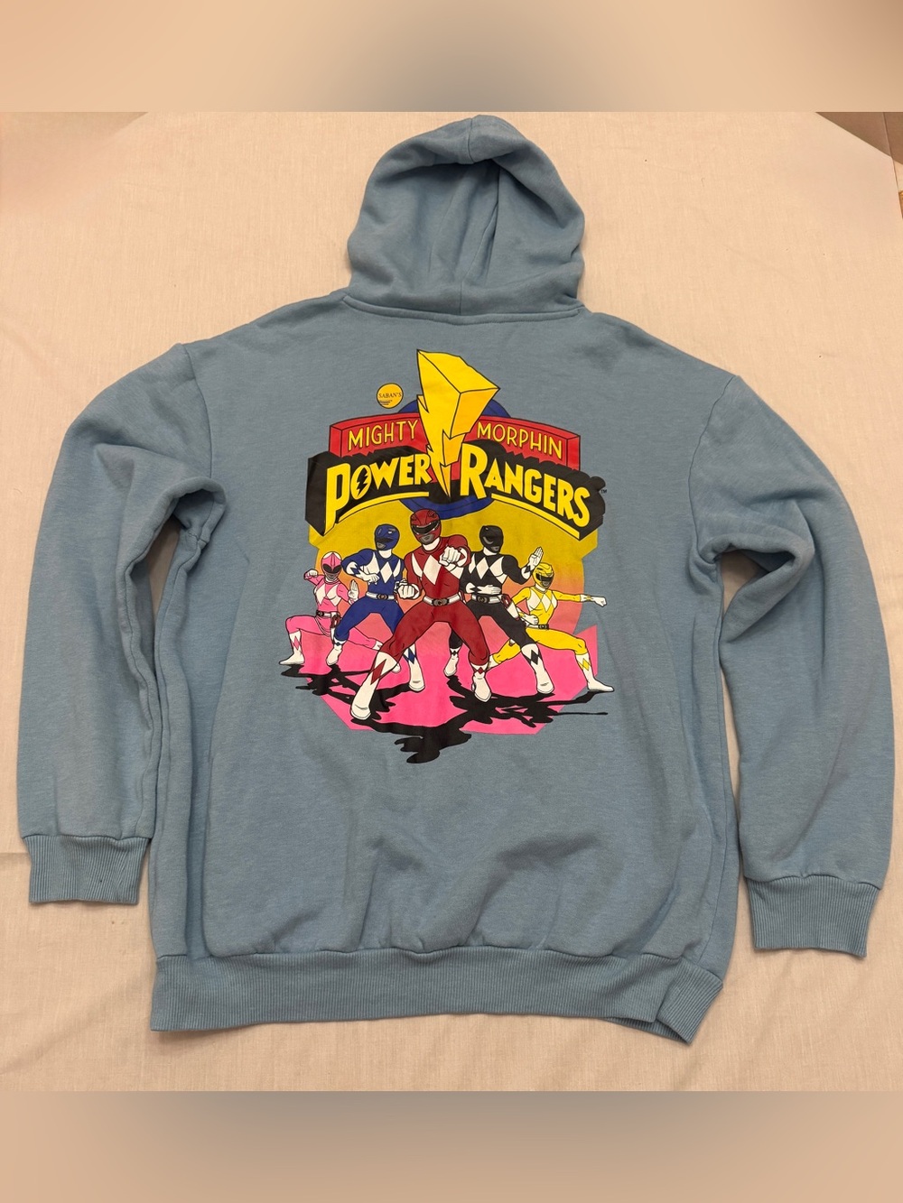 Power Ranger Pullover Hoodie in Light Blue with Multicolor Graphic